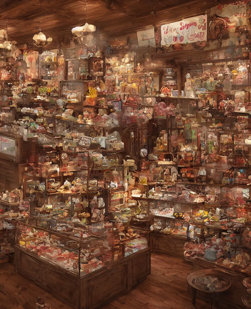 Image similar to Inside an old fashioned sweet shop, fantasy vendor interior, wide angle, cinematic shot, highly detailed, cinematic lighting , photorealistic, trending on cgsociety and unreal engine