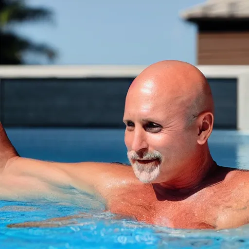 Prompt: emilio estevez completely bald walking over the water of a pool next to a house drinking champagne