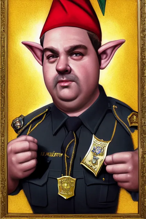 Image similar to high fantasy elf mall cop with a sheriff's badge that is fat, shifty, and incompetent, portrait from the chest up by Carvagio, Oil Painting, hyper realistic,, 8k UHD scan