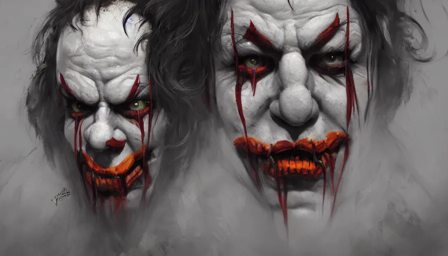 Image similar to portrait of a demonic clown, cinematic shot, aaa game concept art oil painting by jama jurabaev, extremely detailed, brush hard, artstation, high quality, brush stroke