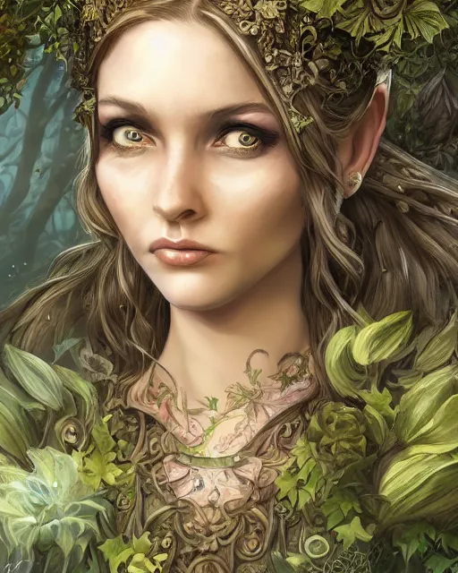 Image similar to A beautiful maid in a magical forest, beautiful face, very detailed face, fantasy art, in the style of JOHN STEPHENS, illustration, epic, fantasy, intricate, hyper detailed, artstation, concept art, smooth, sharp focus