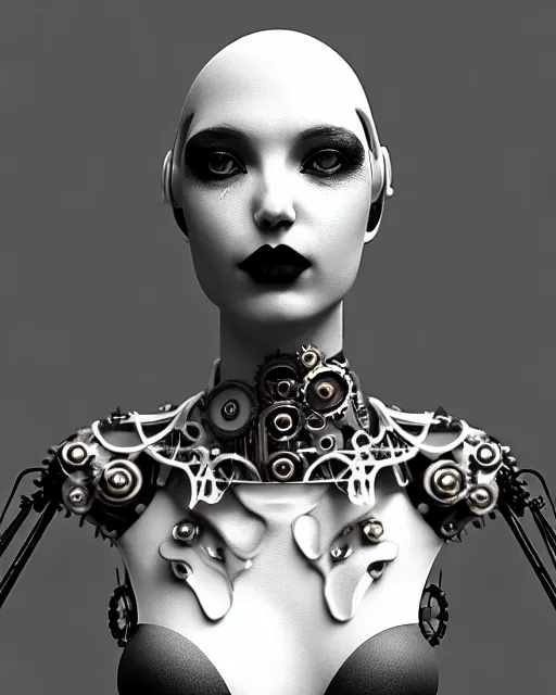 Image similar to black and white dreamy foggy poetic smoky profile face portrait, one silver steampunk realistic eye biomechanical beautiful angelic young female cyclope - cyborg - robot bust, body ribs meshes,, volumetric light, hibiscus flowers, by cecile beaton, rim light, big gothic fashion pearl embroidered collar, 8 k