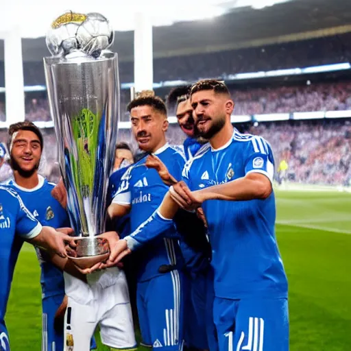Image similar to real madrid fc team lifting a fax as a throphy