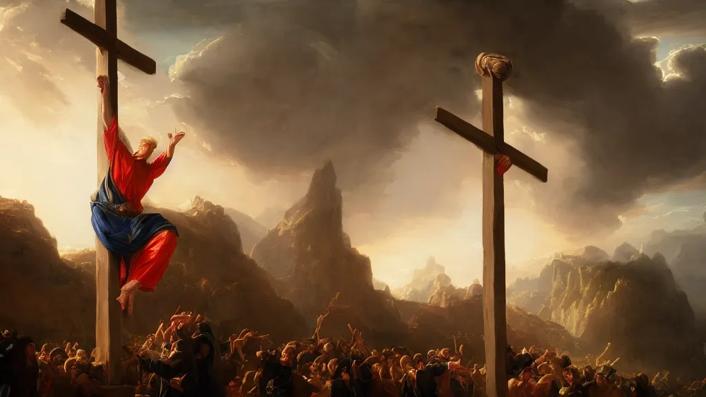 Prompt: Donald Trump nailed to a cross painted by Thomas Cole with dramatic lighting, concept art, matte painting, 8k, highly detailed, artstation