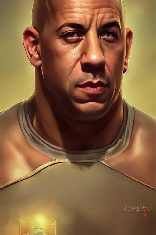 Image similar to vin diesel as mario from super mario bros, realistic portrait, symmetrical, highly detailed, digital painting, artstation, concept art, smooth, sharp focus, illustration, cinematic lighting, art by artgerm and greg rutkowski and alphonse mucha