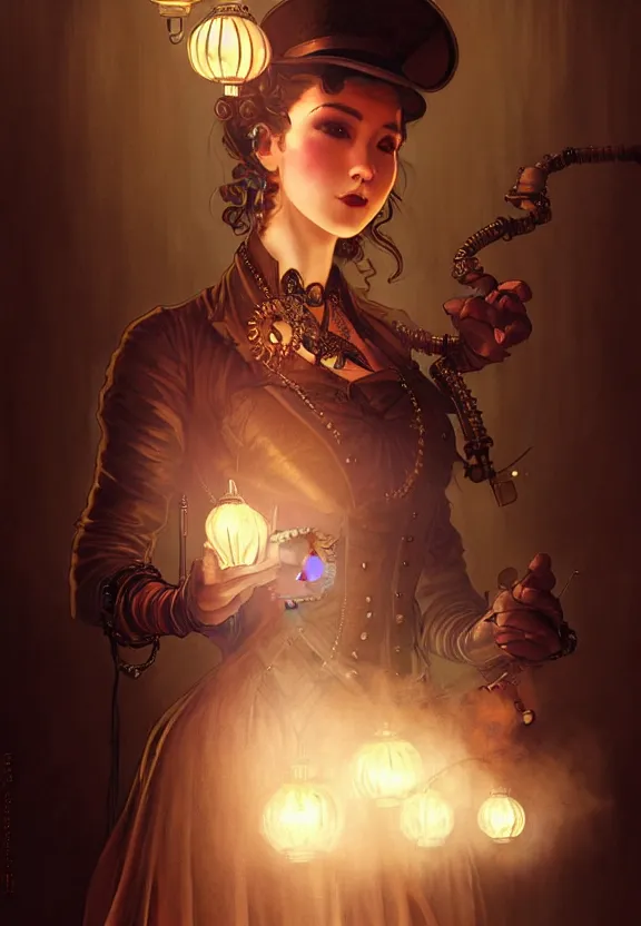 Image similar to steampunk actress preparing for a show at the smoky backstage, mirror, chinese lanterns, smoke, fantasy magic, dark light night, intricate, elegant, sharp focus, illustration, highly detailed, digital painting, concept art, matte, art by wlop and artgerm and greg rutkowski and alphonse mucha, masterpiece