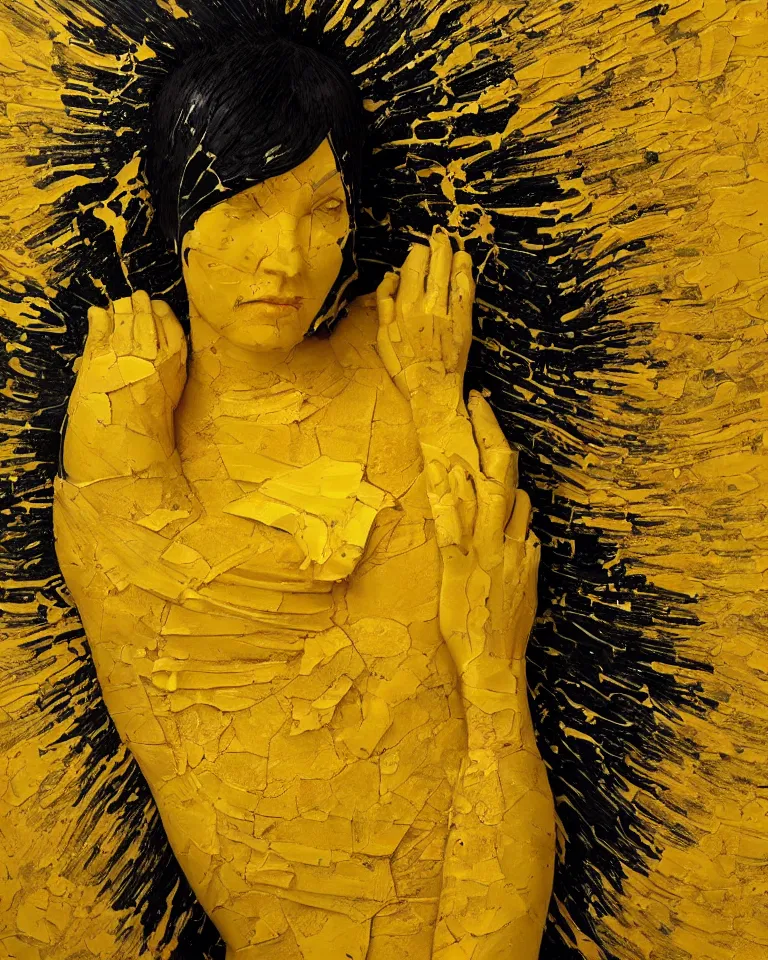 Prompt: symmetrical painting of a fractured obsidian greek woman statue of a topaz sunflowers yellow dripping paint fixed with kintsugi, rendered in octane trending on cgsociety. extremely detailed and intricate art