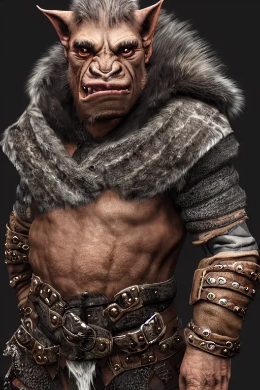 Image similar to A full body shot of a handsome orc looking into the camera wearing a leather fur jacket and boots, full body shot, detailed face, orc, orcish, portrait, artstation, realistic, highly detailed, symmetrical, D&D, Dungeons & Dragons, hyper realistic, dynamic pose, high detail, octane render, unreal engine, 8k, fantasy art, highly detailed, dramatic lighting, concept art