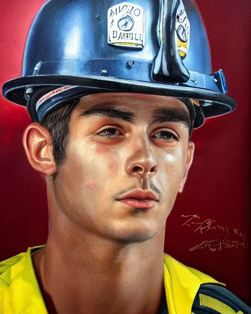 Prompt: portrait of a handsome young brazilian fireman, art by denys tsiperko and bogdan rezunenko and franz xaver kosler, hyperrealism