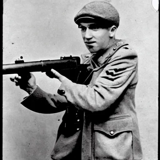 Image similar to old wartime photograph of shaggy from scooby - doo holding a lewis gun, 1 9 1 7