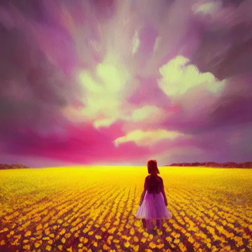 Image similar to flower girl with a flower face, surreal photography, dream, standing in flower field, in a valley, sunrise dramatic light, impressionist painting, colorful clouds, artstation, simon stalenhag