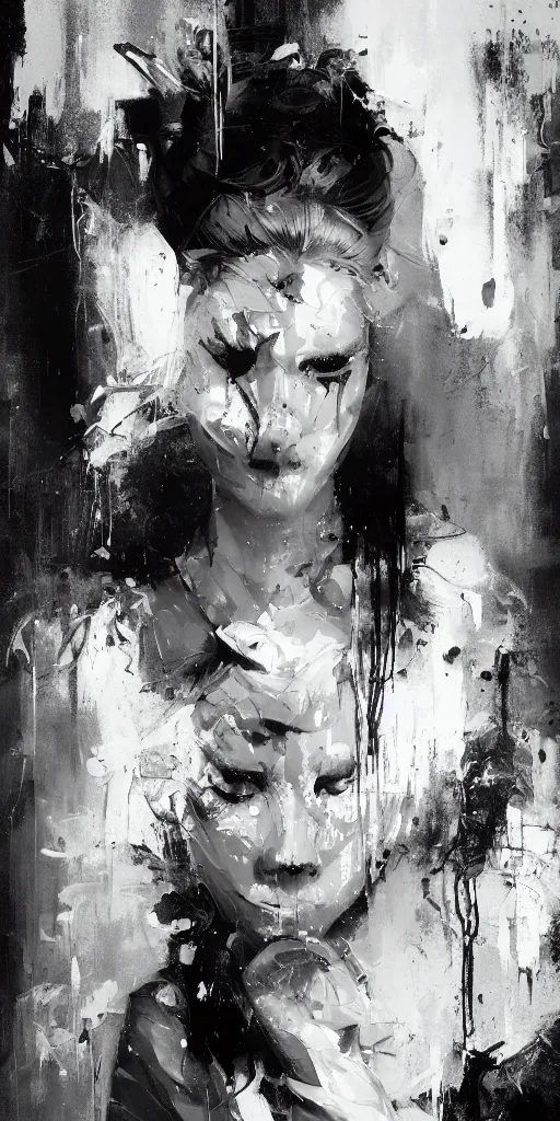 Prompt: highly detailled black and white portrait of a geisha, night club, intimate, pastel blue colors, beautiful face, rule of thirds, spotlight, drips of paint, expressive, passionate, by greg rutkowski, by jeremy mann, by francoise nielly, digital painting