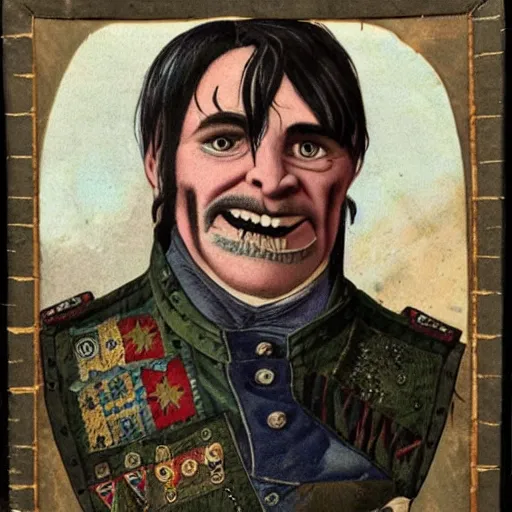 Image similar to 1 9 th century style portrait of a a middle aged half orc with blueish intelligent eyes, wearing a bemused fanged smile on his face. dressed in a patchwork military uniform jacket with cut sleeves, runic arm tattoos, his jacket has many charms and baubles and an upturned collar.