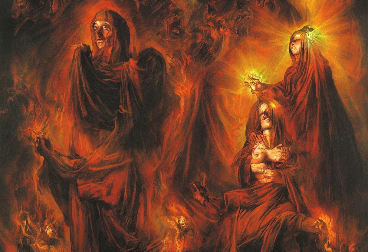 Prompt: portrait of holy mary bleeding, demons in her womb, burning in hell, divine ray over her head, colorfully ominous background, highly detailed face, by rutkowsky and gerald brom and frazetta and rembrandt