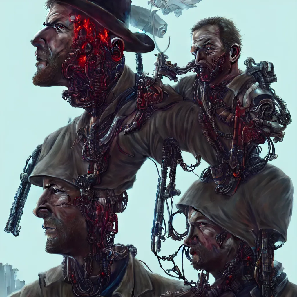 Image similar to an image of Arthur Morgan from Red Dead Redemption as a cyborg, barely human and largely biomechanical machine, hyper-realistic cyberpunk style, Peter Mohrbacher Takayuki Takeya moody, face by Yanjun Cheng, Irakli Nadar, dramatic cinematic lighting rendered by octane, 8k, detailed, intricate, clean and textures, trending on artstation, deviantart google images, pinterest