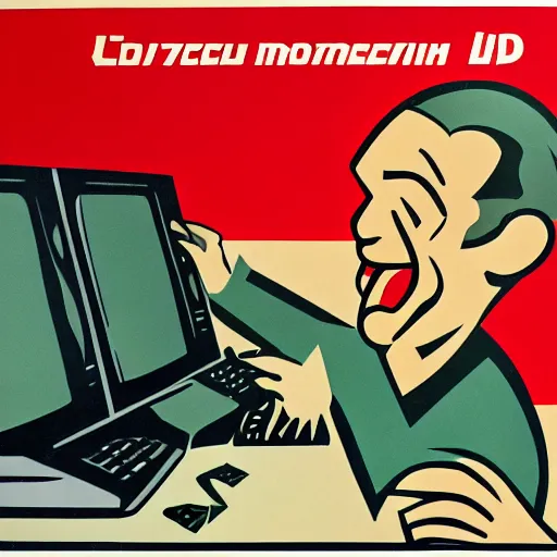 Image similar to soviet propaganda poster of an angry communist developer yelling at his computer