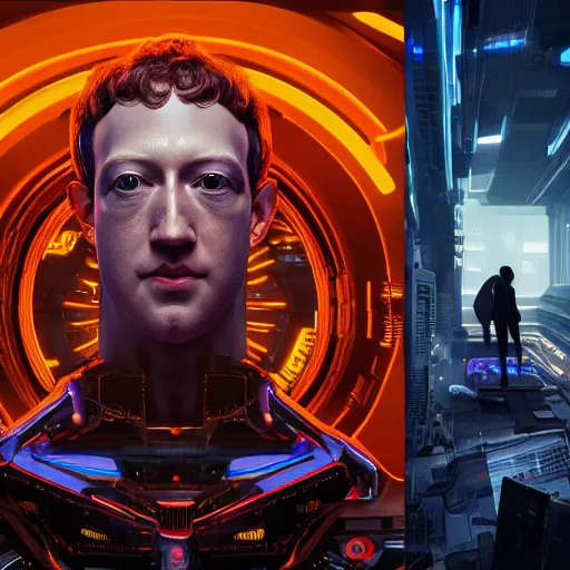 Prompt: looking at camera, ominous portrait of cyborg Mark Zuckerberg as a cyberpunk 2077 loading screen, symmetry, front view, intricate, studio, art by anthony macbain + greg rutkowski + alphonse mucha, concept art, 4k, sharp focus
