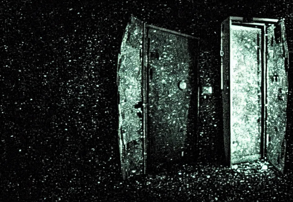 Image similar to a film still of a mysterious portal into a horrifying universe, scifi, horror, photo, nightmare, found footage, film grain, creepy