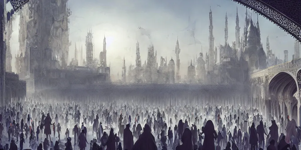 Image similar to a beautiful painting of islamic architecture, crowded people, game of thrones style, city landscape, zaha hadid, louis kahn, fantasy, futuristic, by yves tanguy, trending on artstation, unreal engine