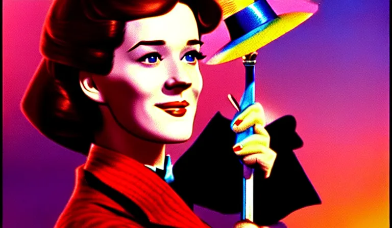 Prompt: a beautiful and immaculate young julie andrews as mary poppins. synthwave, night time, detailed. trending on artstation. recommended for you behance. by chris moore. by edward hopper., beeple colors, metropolis filmic. gotham city.