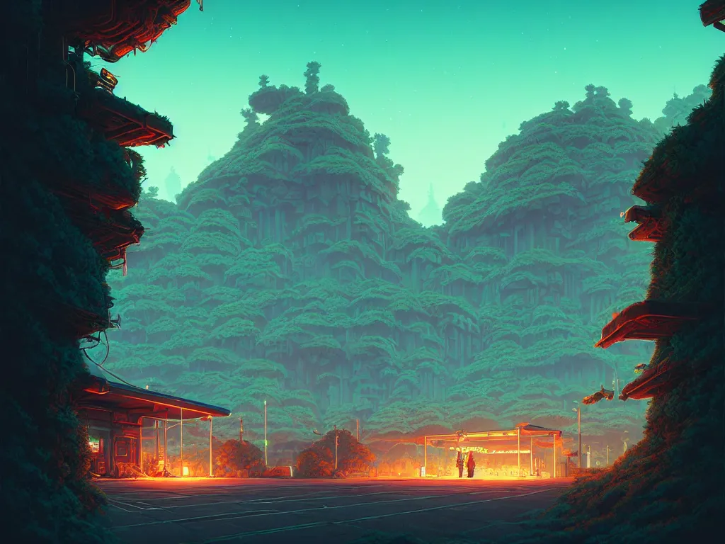 Image similar to 80s outdoor retro arcade, desolate, moody:: studio ghibli, beeple and James Gilleard and Justin Gerard :: ornate, dynamic, particulate, intricate, elegant, highly detailed, centered, artstation, smooth, sharp focus, octane render, 3d