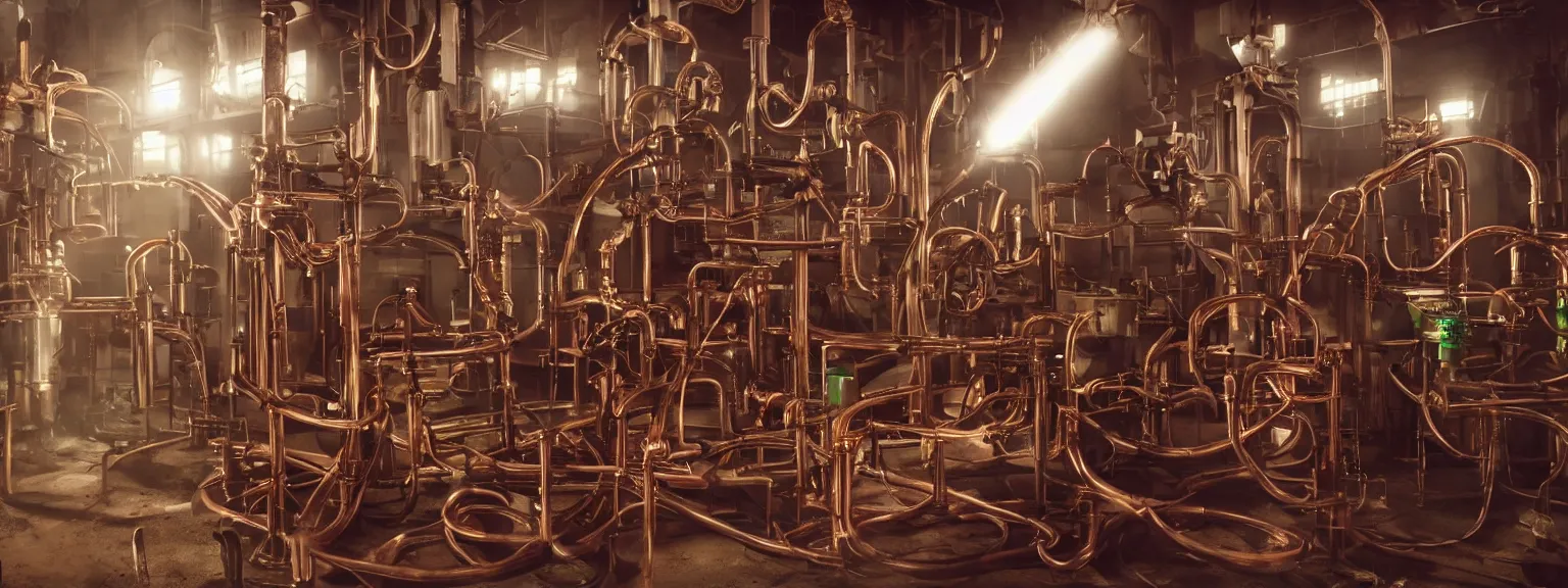 Prompt: a super high resolution film still of machine apparatus for making snake oil, huge copper machine fed by a hopper of snakes, purple and green pipework, directed by denis villeneuve, 8 k, snake machine, cinematic lighting