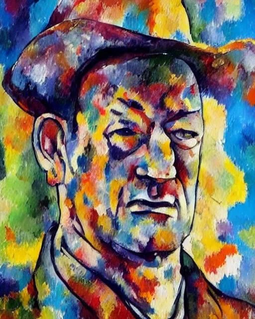 Image similar to abstracted John Wayne painted in extremely thick, muted impasto splatter paint, in muted colors, in impressionist style of Paul Cézanne