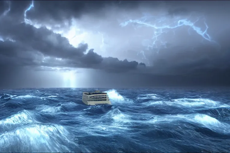 Image similar to photorealistic blue - tinted photo of a sinking cruise ship, storm, wave, bermuda triangle, thunderstorm, horror, smooth, epic, highly detailed, cinematic, unreal engine rendering