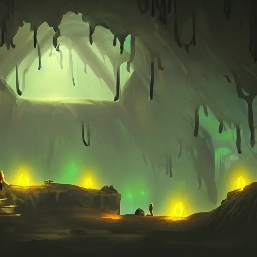 Image similar to a dark cave with glow - in - the - dark mushrooms, artstation, illustration