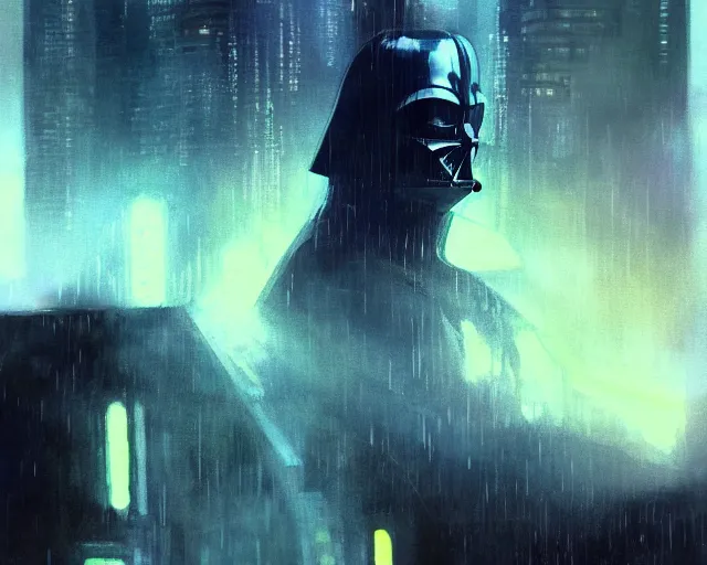 Image similar to 2 0 1 8 blade runner movie still darth vader look at the cityscape from roof perfect face fine realistic face pretty face reflective polymer suit tight neon puffy jacket blue futuristic sci - fi elegant by denis villeneuve tom anders zorn hans dragan bibin thoma greg rutkowski ismail inceoglu illustrated sand storm alphonse mucha