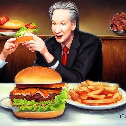 Image similar to portrait of bill maher feeding bill maher giant hamburgers, extra bacon lettuce and tomatoes, an oil painting by ross tran and thomas kincade