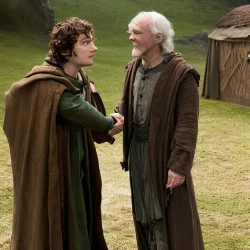 Image similar to frodo baggins meeting dumbledor, cinematic