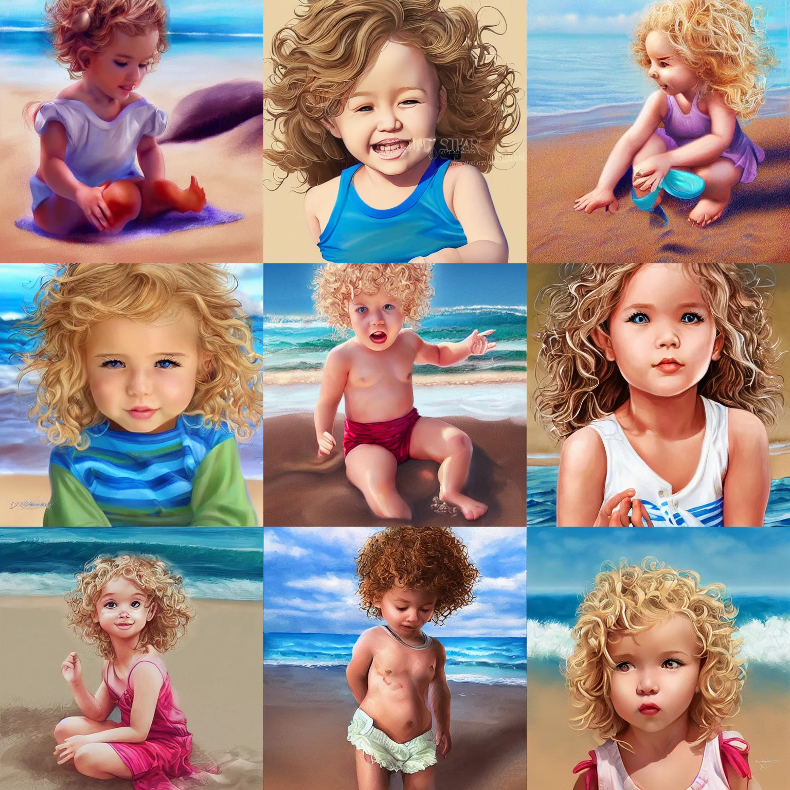 Prompt: 2 years old girl with blonde curly hair, playing at the beach, by artgerm, illustration