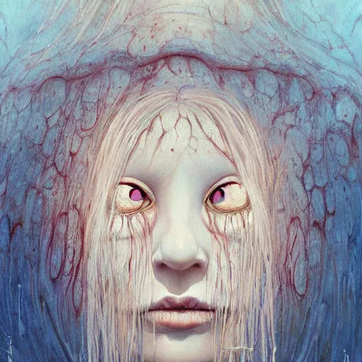 Prompt: portrait of small, rubbery, huge-eyed, big-lipped albino mutant priestess with elaborate white hair by Anato Finnstark, Beksinski, and Studio Ghibli