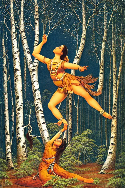 Image similar to ivan shishkin style nataraja dancing in a winter birch grove and raising snow clouds during a solar eclipse, visionary art style