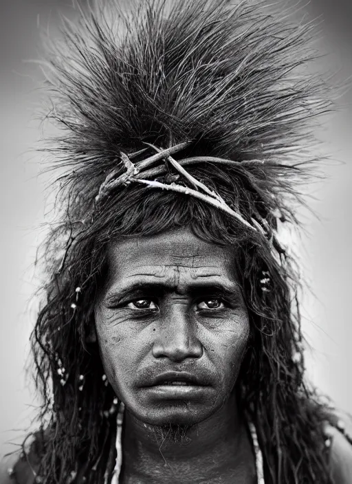 Image similar to Award winning Editorial photo of a Native Nauruans with incredible hair and beautiful hyper-detailed eyes wearing traditional garb by Lee Jeffries, 85mm ND 5, perfect lighting, gelatin silver process