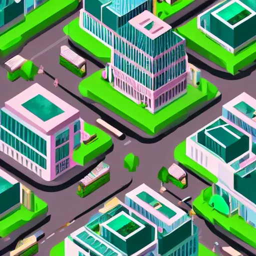 Prompt: isometric illustration of a dense urban city, lots of tall buildings and trees, pastel green and pastel pink colors, fun, soft, extremely detailed, 3d render, playful, sharp lines, toon shader, soft shadows, trending on artstation