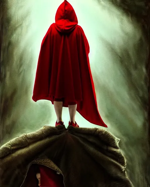 Image similar to hyperrealistic mixed media painting of beautiful little Red Riding Hood, pale smooth skin, full body, crimson red hooded robes, shadowy wolf in background, stunning 3d render inspired art by P. Craig Russell and Barry Windsor-Smith + perfect facial symmetry + dim volumetric lighting, 8k octane beautifully detailed render, post-processing, extremely hyperdetailed, intricate, epic composition, grim yet sparkling atmosphere, cinematic lighting + masterpiece, trending on artstation, very very detailed, masterpiece, stunning