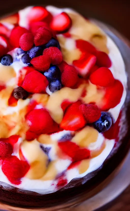 Prompt: A photo of a swedish cake from the side on a wooden table, with cream spread on the sides and strawberries, raspberries and blueberries placed in circles on top. Sunset. 4K. Cinematic lighting. High detail. Realistic. Delicious.