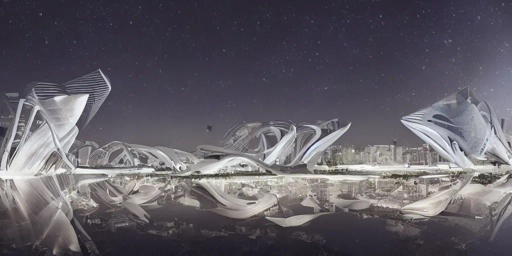 Image similar to city design by Zaha Hadid in starry nigth in the background