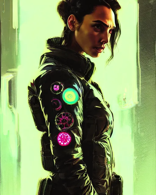 Prompt: detailed portrait Gal Gadot Neon Operator Girl, cyberpunk futuristic neon, reflective puffy coat, decorated with traditional Japanese ornaments by Ismail inceoglu dragan bibin hans thoma greg rutkowski Alexandros Pyromallis Nekro Rene Maritte Illustrated, Perfect face, fine details, realistic shaded, fine-face, pretty face