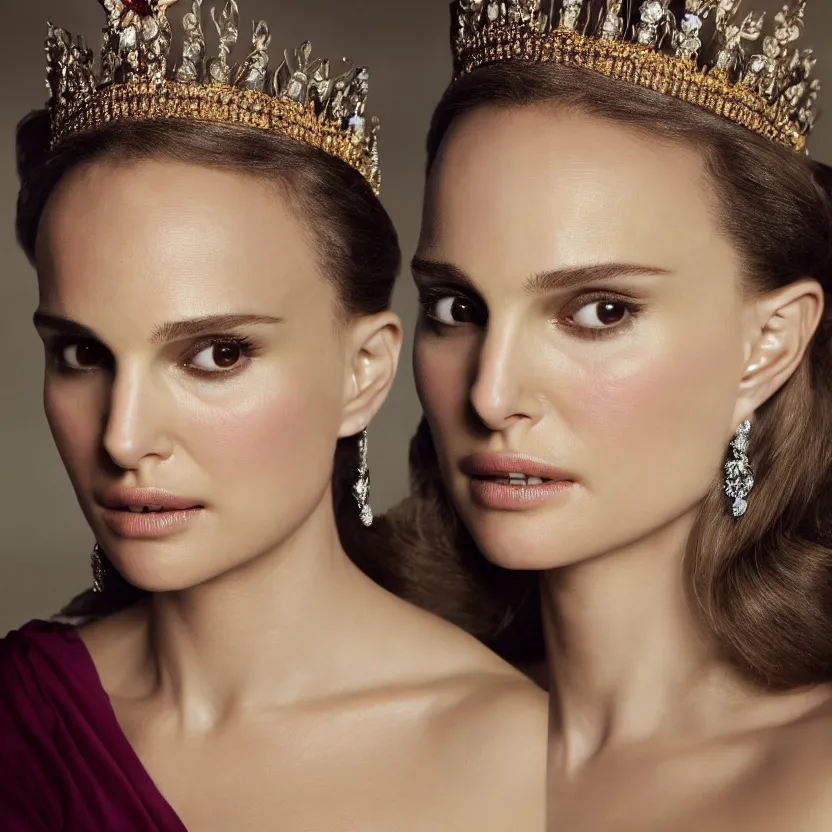 Image similar to natalie portman as the queen of england, big crown adorned with emerald, diamonds, topaz and other jewellaries, sensual, beautiful soft light failling on her face, studio photography, nikon 3 5 mm portrait photography, ultra realistic