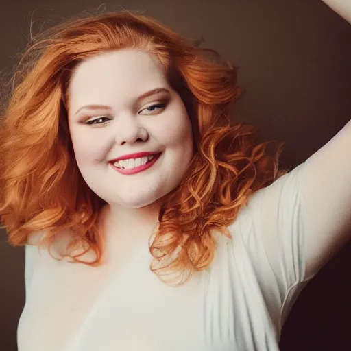 Prompt: brooke ashling, a curvy, radiant, bubbly, 2 5 - year - old canadian plus - size model, long strawberry - blond hair, creamy skin, portrait, 8 5 mm canon f 1. 2 lens, inspired by diane arbus