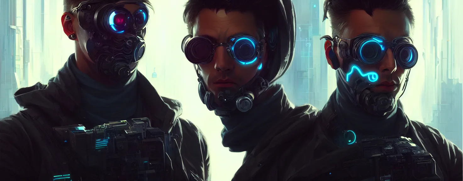 Image similar to Hacker cyberpunk man portrait, highly detailed, digital painting, artstation, concept art, smooth, sharp focus, illustration, art by artgerm and greg rutkowski and alphonse mucha