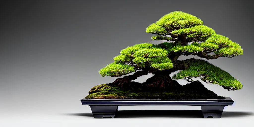 Prompt: photo bonsai cedar on a small angular cnn stone make of emerald in the water, gold hour, soft lighting, light fog, medium full shot, volumetric lighting, beautiful, ultra detailed, cgsociety by leesha hannigan, thierry doizon, 3 5 mm, fujifilm, cinematic, realistic