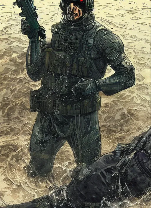 Image similar to the punisher. USN blackops operator emerging from water at the shoreline. Operator wearing Futuristic cyberpunk tactical wetsuit and looking at an abandoned shipyard. Frogtrooper. rb6s, MGS, and splinter cell Concept art by James Gurney, Alphonso Mucha. Vivid color scheme.