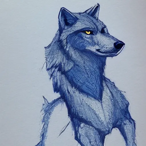 Prompt: a wolf wearing a blue shirt and jeans, Greg Rutkowski, marker