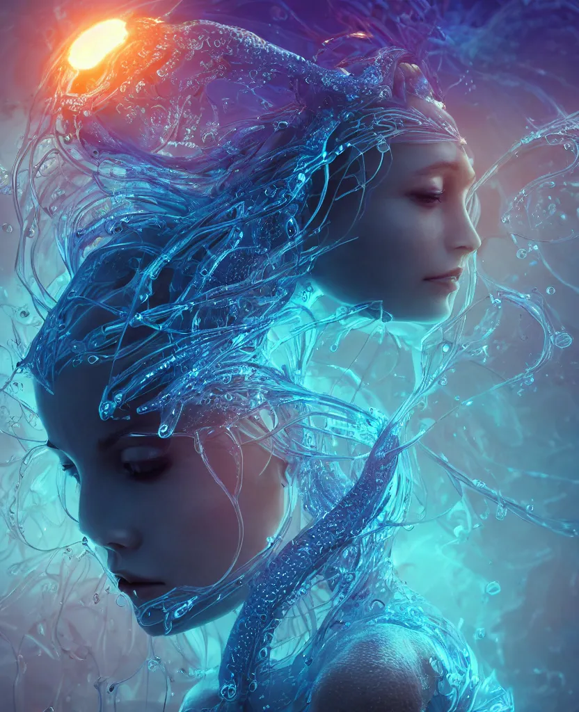 Image similar to close-up macro portrait of the face of a beautiful princess, epic angle and pose, symmetrical artwork, 3d with depth of field, blurred background, cybernetic jellyfish female face skull phoenix bird, translucent, nautilus, energy flows of water and fire. a highly detailed epic cinematic concept art CG render. made in Maya, Blender and Photoshop, octane render, excellent composition, cinematic dystopian brutalist atmosphere, dynamic dramatic cinematic lighting, aesthetic, very inspirational, arthouse. y Greg Rutkowski, Ilya Kuvshinov, WLOP, Stanley Artgerm Lau, Ruan Jia and Fenghua Zhong