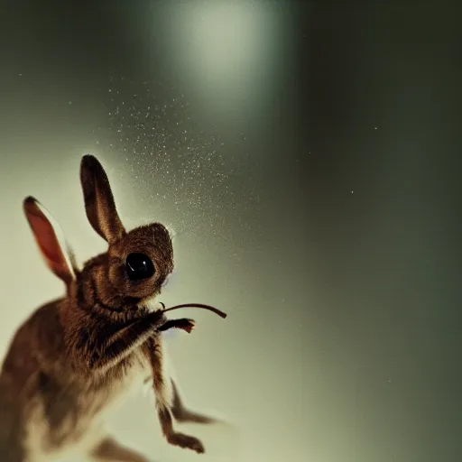 Prompt: photograph of bugs poring out of the mouth of a rabbit, canon 7 d, film still, dramatic, cinematic, avant garde