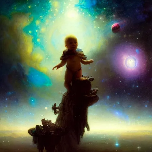 Image similar to a lonley and gloomy baby in middle of space surrounded by colorful stars planets and galaxies, high detail, by gaston bussiere, bayard wu, greg rutkowski, odd nerdrum, maxim verehin, dan dos santos, masterpiece, sharp focus, cinematic lightning